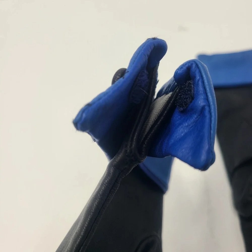 Vintage Leather Gloves 6.5 Black with Quilted Blue Cuffs Retro 80s Accessory